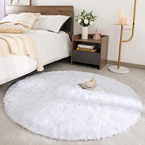 ROHATIM Alfombras Salón Redonda Pelo Largo Alfombra Habitación Dormitorio Lavables Alfombra Antideslizante Muy Suave para salón o Dormitorio, Alfombra esponjosa de Cama(Blanco,Ø 100 cm Ronda)