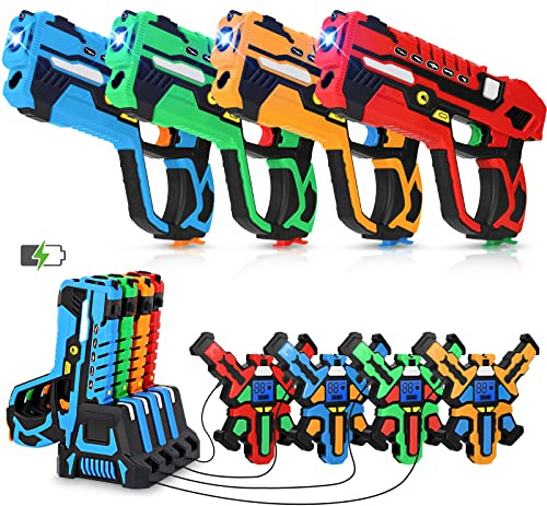 Conjunto de 4 Pistolas de Laser Recargables con Sensores en Pistolas y Chalecos: Juguetes para Niños, Adolescentes y Adultos en Juegos al Aire Libre - Actividad para Niños y Niñas a Partir de 6 años.
