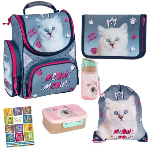 Goldkids Schulranzen Katze Cat Motiv ergonomischer Ranzen Federmappe Turnbeutel Brotdose Trinkflasche Aufgabenheft für die Grundschule 6er Set. Geeignet ab der ersten Klasse der Grundschule.
