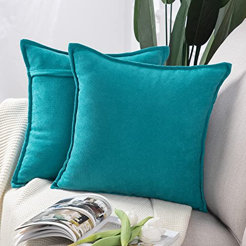 Madizz 2er Set kurzen Chenille Zierkissenbezüge weicher dekorativer Kissenbezug für Sofa, Schlafzimmer Kissenhülle Blaugrün 50x50 cm Quadrat