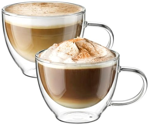 ecooe Double Walled Glass Coffee Mug 12 oz Latte Cappuccino Cups Set of 2, Clear Glass Coffee Cups with Handle, 350 ml Insulated Coffee Cup Borosilicate Heat Resistant Glass Mug Tea Cup