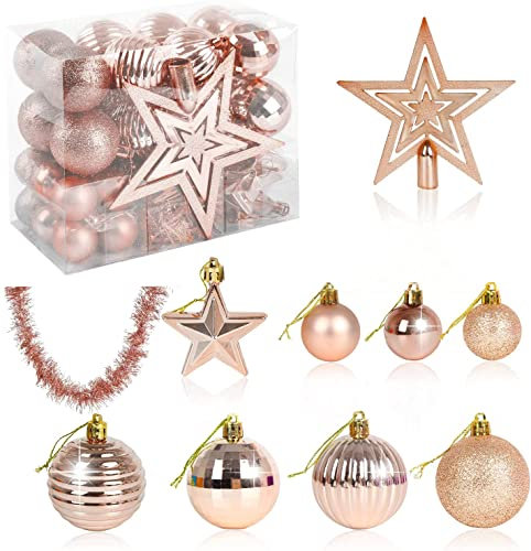 VEYLIN Christmas Tree Decorations Set of 40 Rose Gold Christmas Baubles Hanging Ball Tinsel Garland Star Tree Topper Ornaments