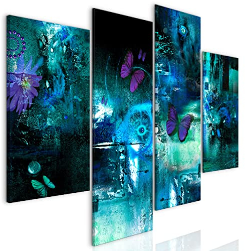 decomonkey Bilder Set Abstrakt 126x98 cm 4 Teilig Leinwandbilder Bild auf Leinwand Vlies Wandbild Kunstdruck Wanddeko Wand Wohnzimmer Wanddekoration Deko Textur Schmetterling Blumen Türkis Blau