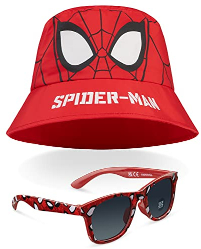 Marvel Cappello da Pescatore Occhiali da Sole Bambino Gadget Set Estivo per Ragazzi Bucket Hat e Occhiali da Sole Bambini con Protezione UV Regali Spiderman Avengers (Rosso Spiderman)