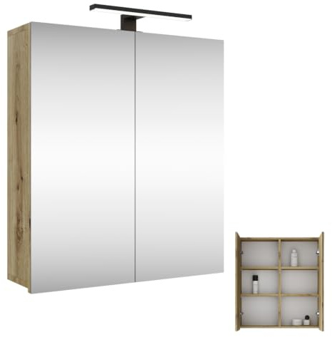 Planetmöbel Merkur Spiegelschrank Bad mit Beleuchtung 60 cm | breit, Badschrank hängend mit Badspiegel, Matt-Schwarz LED Beleuchtung, Artizan Eiche