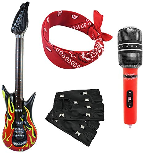 4Pcs Punk Rocker Party Kit, Large Inflatable Guitar Microphone Blow Up Guitar Punk Gloves Bandana Scarf Rockstar Fancy Dress Kids Boys 70S 80S 90S Heavy Metal Disco Costume Accessories for Men Women