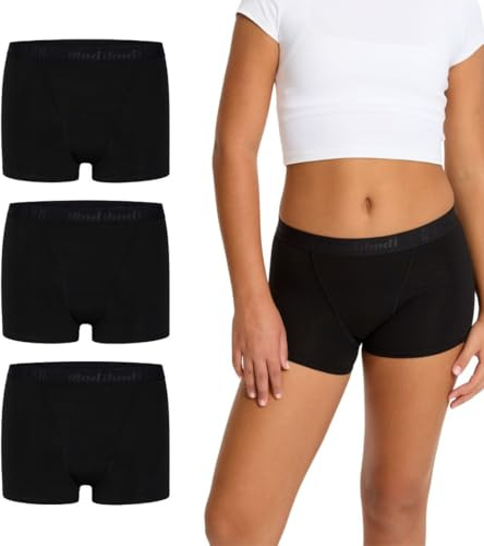 Modibodi Bragas Menstruales Niña Adolescente Flujo Medio 30ml Antifugas Reutilizable Hipster Boyshort Ropa Interior Pack 3 Negro 8-10