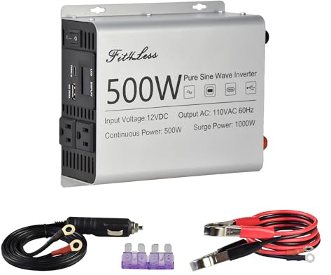Fit4Less Pure Sine Wave Inverter 500W (400W-800W), 12V DC to 240V AC, USB-C, USB, Dual AC Sockets, LCD Display