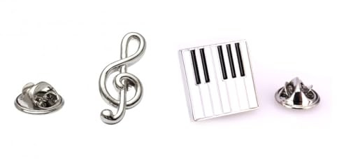 Generisch Doppel-Pack Klavier / Keyboard und Notenschlüssel Anstecker / Brosche - 2 Stück, Silber, Klassisch, Pin-Stem mit Sicherheit, Brosche
