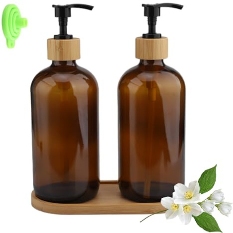 2 Seifenspender 500ml, Pumpspender, Shampoo Flaschen zum Befüllen, Etikett und Holztablett sowie nachfüllbarer Glas Seifenspender mit Pumpe, geeignet für Bad, Küche, Arbeitsplatte（braun）
