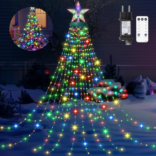 HELESIN Luci Albero di Natale a Cascata con Stella Topper, 8 Modalità 410 LED 2M × 16 Strisce per Interno Esterno Decorazioni
