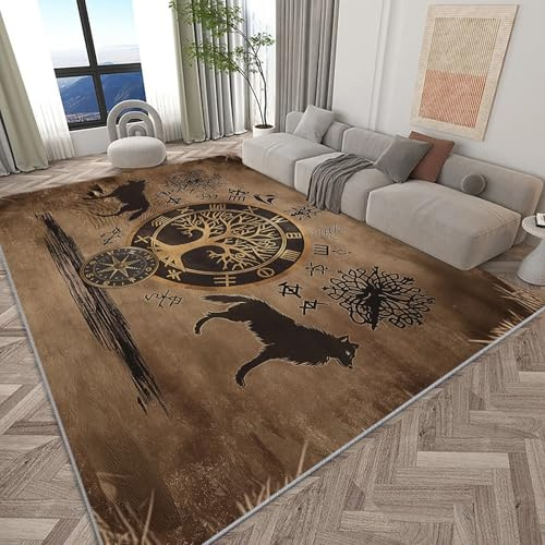 Mattor för Vardagsrum Träd Och Viking Varg Antik Vintage Halkfria Kortluggmattor, 120 x 170 cm Rektangulära Mattor för Sovrum Maskin Tvättbar Matta