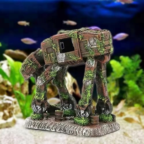 WOO LANDO AquariumDekoration aus Kunstharz – Umweltfreundliche Deko, Sicher für Süß- und Salzwasser – Roboter at-at aus Kunstharz, 15x8,5x14 cm