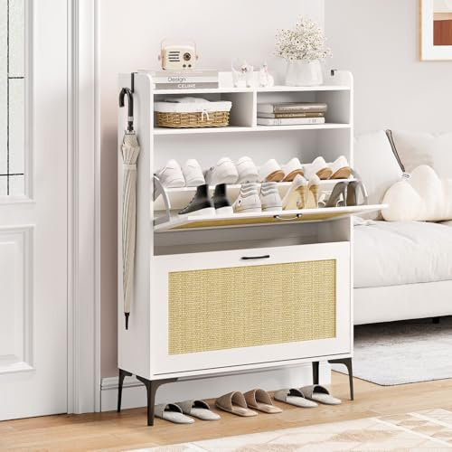 Dripex Shoe Cabinet, with 2 Open Compartment, 2 Flip Drawers, Adjustable and Removable Divider, Metal Flip Stand & Support Feet, Shoe Storage Cabinet For Hallway (Rattan White, 80cm width)