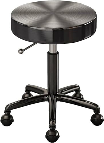 Generisch Edelstahl-Drehhocker, runder Rollhocker, Schönheitssalon, Spa, Ladentheke, Tattoo, Massage, Kosmetikhocker mit Metallrahmen aus schwarzem Titan, verstellbar 48 – 58 cm