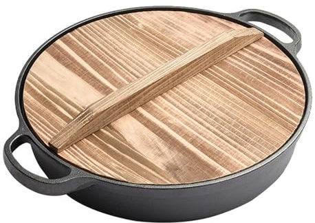 Juego de ollas calientes con tapa de madera, sartén antiadherente de hierro fundido de 28 cm, perfecta para Shabu Shabu, fondo plano grueso, estilo japonés