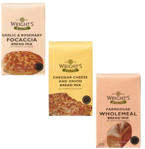 Wright's Garlic & Rosemary Focaccia - Cheddar Cheese & Onion - Farmhouse Wholemeal Bread Mix Each 500g – Artisan Bread Mix for Homemade Baking, Bread Machine & Oven
