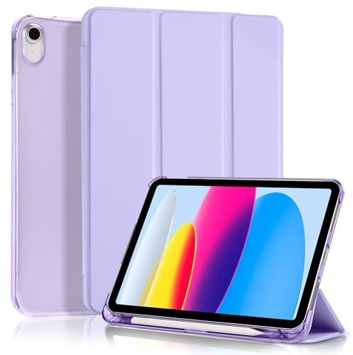 4UBonLife Fodral för iPad (A16) 11:e generationen 11 tum 2025, för iPad 10:e generationens 10,9 tum 2022 med Pennhållare, Smalt Stativ Skydd med Genomskinligt Frostat Hårt Bakskal, Ljuslila