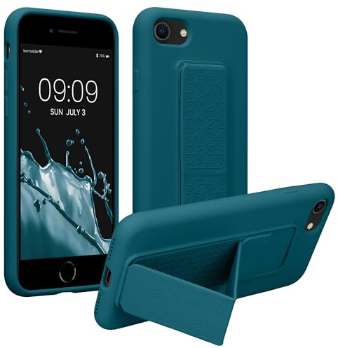 kwmobile Handyhülle für Apple iPhone SE (2022) / SE (2020) / 8/7 Hülle - TPU Silikon Case mit Fingerhalter und Stand - Schutzhülle Cover in Petrol matt