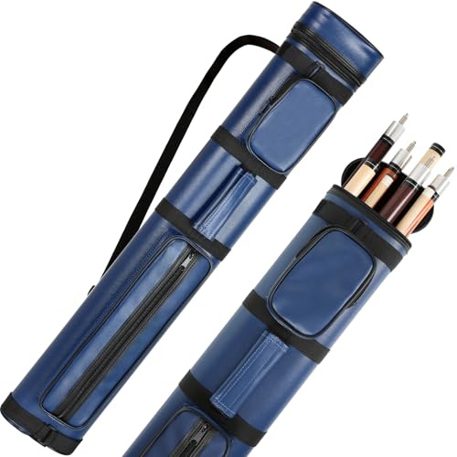 AKLOT Pool-Stick-Etui, 3 × 3/4 × 4, Leder-Hartschalen-Queue-Tasche für 1/2 Billardqueues, professionelle 6/8-Rohr-Billardqueue-Stick-Tragetaschen und mehrere Taschen, Schultergurt, Griff (dunkelblau