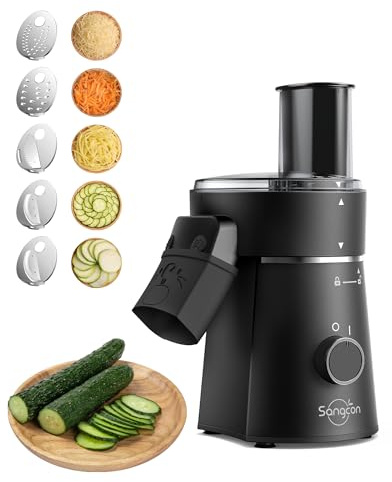 Sangcon Electric Cheese Grater for Block Cheese, 5-in-1 Automatic Salad Shooter & Vegetable Slicer with 5 Stainless Steel Blades, One-Touch Countertop Electric Grater for Cheese, Vegetables, Nuts