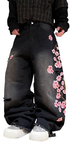 QGRSWBC Men's Baggy Jeans Blossom Embroidery Pattern Wide Leg Y2K Jeans Mid Rise Denim Pants Streetwear Black Grey L