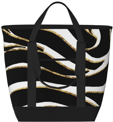 Sac cabas isotherme à imprimé zèbre noir et or et blanc – Grand format, imperméable et adapté au contact alimentaire, idéal pour les courses, le déjeuner, les pique-niques et les plats à emporter.