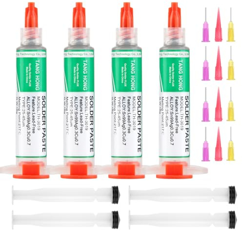 TANG HONG TH-3019 Solder Paste, Sn99/Ag0.3/Cu0.7 High Temperature Solder Paste, 217℃ Melting Point, No Clean Lead Free Soldering Paste, Solder Paste for Electronics (5MLx4Pack)