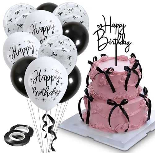 12 Zoll Party Ballon Set – 30 Stück Luftballons mit Transparent Schleifen, Weiß Happy Birthday & Schwarz, inkl. 12 Schleifenbänder, 20m Band & Cake Topper – Elegante Geburtstagsdeko