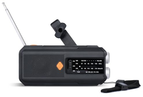 Bosiyrggrl Radio d'urgence Portable à Manivelle Solaire de Haute Qualité 5000mAh avec Lampe de Poche LED, Récepteur FM Mondial, Annonceur SOS, Noir.
