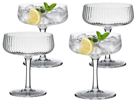 Zoha Champagnerglas Riffle 255 ml im 12er Set - Borosilikatglas geriffel - breiter Kelch mit feinem Stiel, Cocktailgläser-Optik, spülmaschinengeeignet & hitzebeständig für Empfang oder Festtafel