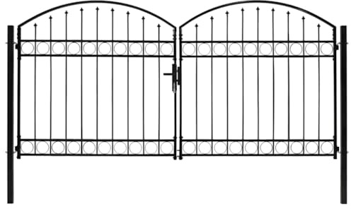Zauntor ASSEN Doppeltür aus pulverbeschichtetem Stahl 300 x 125 cm mit Bogenabschluss, Schloss und Griff, stabiles Gartentor für Hof, Einfahrt und Grundstückssicherung