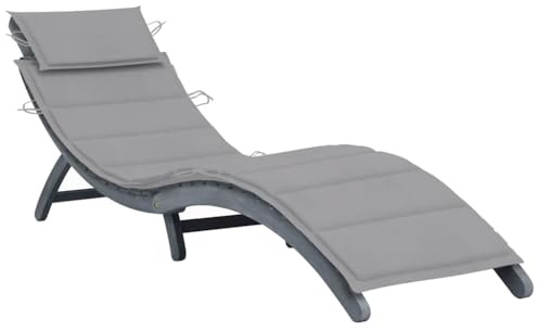 Pindolar Sonnenliege Gartenliege Massivholz Akazie Grau Klappbar mit Polster und Kopfkissen Ergonomisch Wetterfest für Balkon Terrasse Pool Outdoor Lounge Relaxliege Rollliege