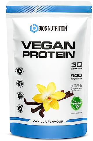 Vegan Protein VANILLE 900gr - 4K veganes Proteinpulver - Natürlich lecker im Geschmack - pflanzliches Protein ohne Gluten & ohne Soja - BIOS Nutrition (Made in Germany)