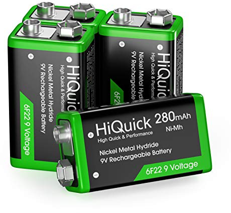 HiQuick 9V Akku, 9V Block Batterien, 280mAh NI-MH Wiederaufladbare Batterie, 1200 Ladezyklen, 4 Stück, für Rauchmelder Multimeter Alarmsystem Walkie Talkie