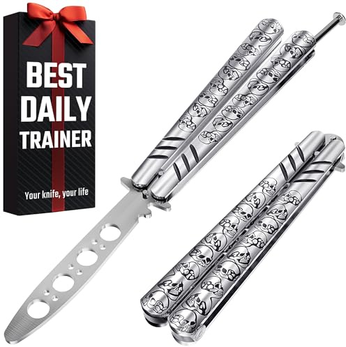 Butterfly Knife - Balisong Trainer - Silver Practice Butterfly Trainer with Sure Spring Latch - Balisong Knives NOT Real NOT Sharp Blade - Full Stainless Steel Fake Dull Trick CSGO Fidget Toy K16 S