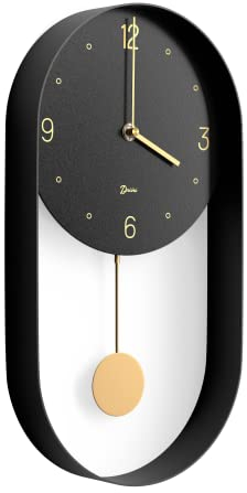 Driini Modern Pendulum Wall Clock - Decorative and Unique Metal Frame, with 8 Inch Face - Contemporary, Minimalist Design, with Silent Battery Operation - Includes Both Black and Gold Pendelum