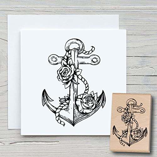 NEWSTAMPS Stempel Anker mit Rosen Motivstempel groß aus Holz & Gummi zum Karten und Geschenke basteln, Holzstempel für Wasser, Maritim & Meer, Scrapbook, Textilstempel, Deko, Kinder