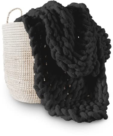 Adyrescia Chunky Knit Blanket Throw | 100% Hand Knit with Jumbo Chenille Yarn (40x50, Raven Black)