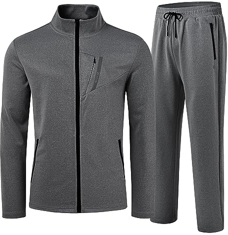 MoFiz Mens Activewear Full Zip Sweatsuit Long Sleeve Warm Sports Suit for Winter Gym Training Athletic Apparel Sets Deep Grey 3XL
