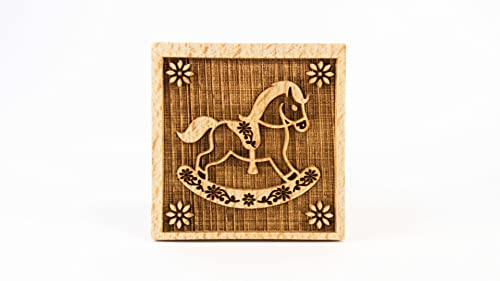 Folkroll 13271 - Keksstempel - Plätzchenstempel - Plätzchenstempel dekoriert eckig Motiv Schaukelpferd - Buchenholz - 55x55mm