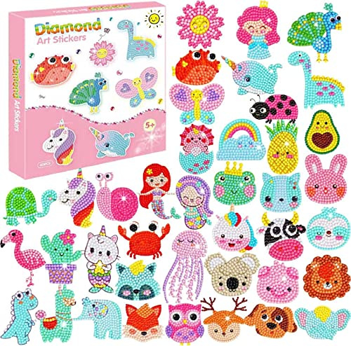 BOUTIKS 40 Stück Diamond Painting Kinder, 5d Diamant Painting Aufkleber Kits Boxen, DIY 5D Tier Diamant Kunst Mosaik Aufkleber für Kinder