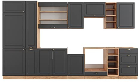 Vicco Küchenzeile Fame-Line, Anthrazit Landhaus/Goldkraft Eiche, 355 cm ohne Arbeitsplatte, geeignet zur individuellen Erweiterung mit Zusatzmodulen