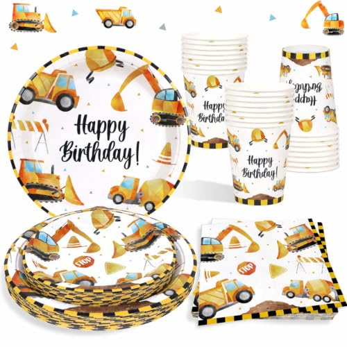 Heboland Set Stoviglie Compleanno a Tema Cantieree, 100 Pezzi | per 25 Ospiti, Tovaglioli Piatti e Bicchieri per Feste di Compleanno Escavator, Decorazioni Compleanno Ragazzo Bambino
