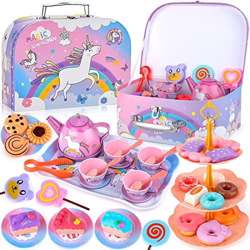 ENCOUN 48-teiliges Teeservice Kinder Metall, Tee Set Kinder mit Einhorn Koffer, Tea Party Sets Kids, Tee Sets Kinders Teeservices mit Dessert, Teeservices Kinderküche für Kinders Mädchen 3+Jahren