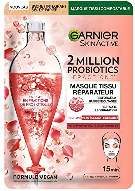 GARNIER Skin Active - Masque Visage Tissu 2 Million Probiotics - Masque Réparateur - Éclat & Hydratation - Enrichi en Fractions de Probiotiques - Vegan & Cruelty Free - Tous Types de Peaux - x1