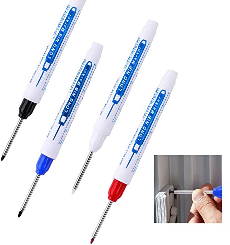 Tieflochmarker, 4 Stück Bohrlochmarker, 30mm Extralange Spitze | Tiefenlochmarker, Markierungsstift für Holz, Kunststoff, Wand, Metall, Karton Baustellen Stift (Schwarz, Blau, Rot, Weiß)