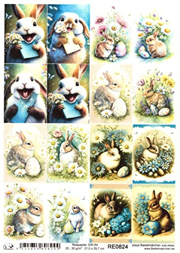 Josys Bastelmärchen Reispapier A4 Strohseide Decoupage kleine Osterhasen Ostern Osterkarte RE0824