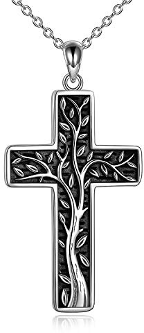 URONE Livets träd halsband sterlingsilver kors religiösa/davidsstjärna/Hamsa hand hänge smycken gåvor för kvinnor, Sterlingsilver, Ingen ädelsten