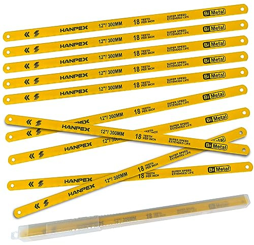 Hanpex 300mm Hacksaw Replacement Blades (10 Pack) High Speed 18 TPI - 12 Length Hack Saw Blade - Bi-Metal HSS Cutting Blades